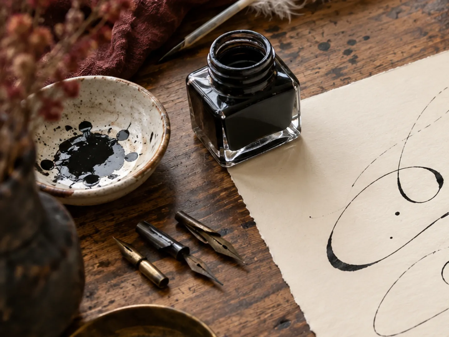 Close view of a glass pot of black ink, a dish of spilt ink and spare steel nibs on a wooden calligraphy desk