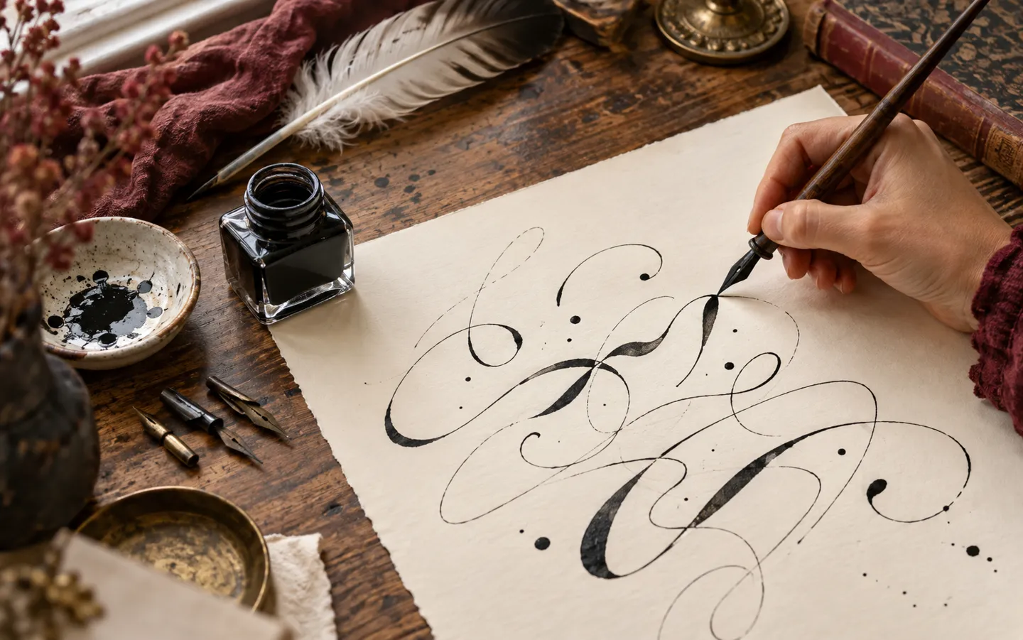 A hand holding a dip pen over cream paper covered in flowing ink strokes, beside an ink pot and a feather quill on a wooden desk