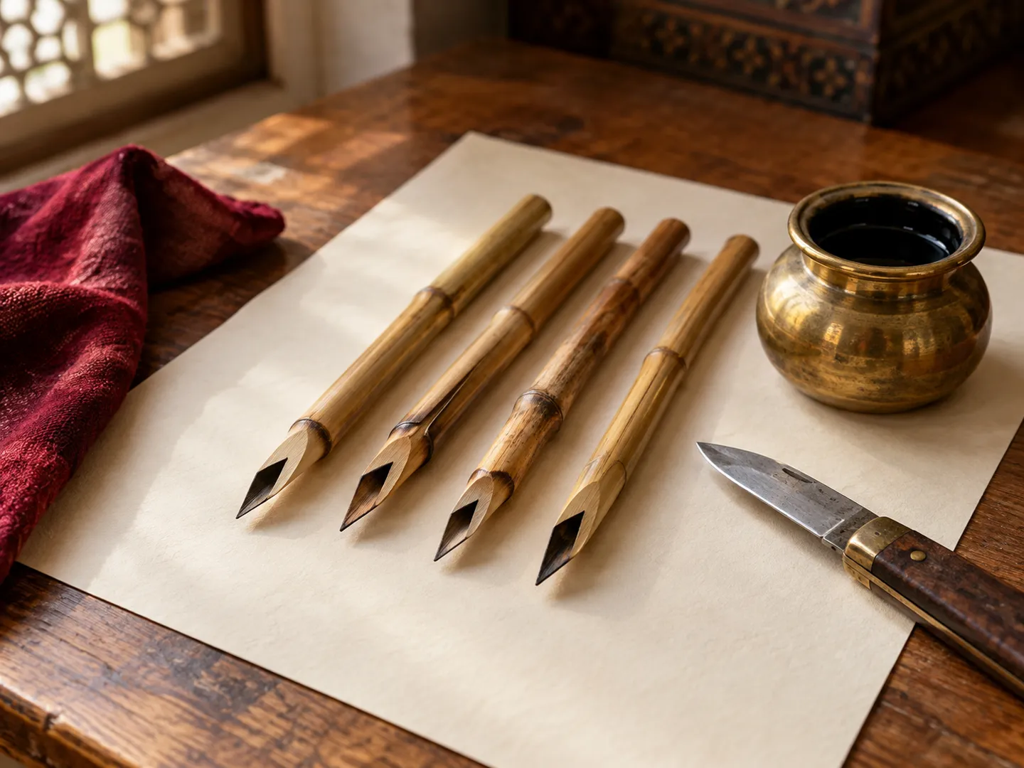 Four cut reed pens with slanted tips on cream paper, beside a small brass ink pot and a folding knife